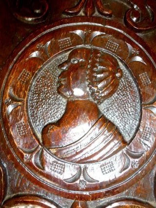 Carved Antique Oak Romayne Portrait Panel With Womans Head