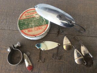 Vintage Pflueger Griptite,  Line Dressing Tin,  Flyrod Chum,  Record And Lowe Spoons