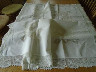 Antique Pure Irish Linen Tablecloth - Hand Crochet Clones Lace Border - Beautifu