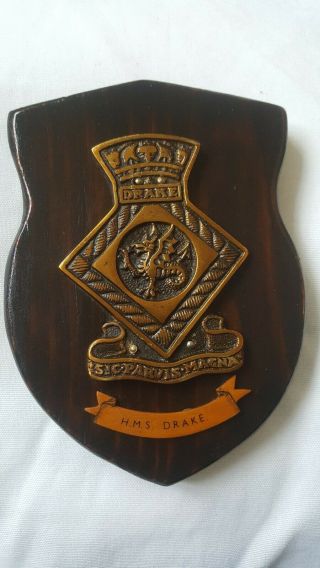 Vintage Brass Hms Drake Royal Navy Ship Plaque Wall Shield