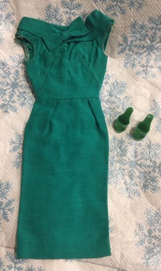 Vintage Barbie Green Pak Silk Sheath Dress & Ot Shoes Complete