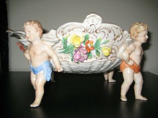 Antique Dresden Porcelain Centerpiece Flower Bowl With Four Cherub Figures 4