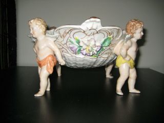 Antique Dresden Porcelain Centerpiece Flower Bowl With Four Cherub Figures 5
