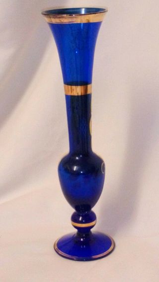 Vintage Antique Bohemian Blue Glass Vase Hand Painted Enamel And Gold 2
