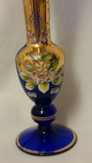Vintage Antique Bohemian Blue Glass Vase Hand Painted Enamel And Gold 4