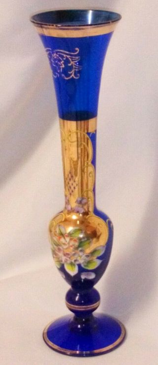 Vintage Antique Bohemian Blue Glass Vase Hand Painted Enamel And Gold 5