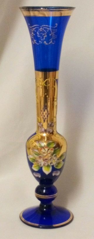 Vintage Antique Bohemian Blue Glass Vase Hand Painted Enamel And Gold 6