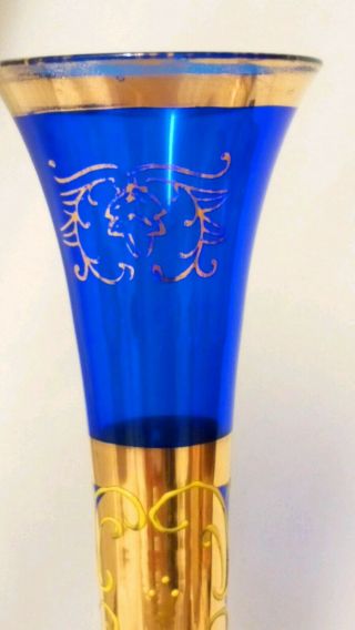 Vintage Antique Bohemian Blue Glass Vase Hand Painted Enamel And Gold 8