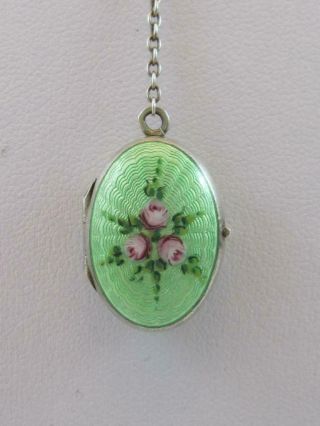 Antique German Sterling Silver & Guilloche Enamel Locket Pendant Necklace Floral