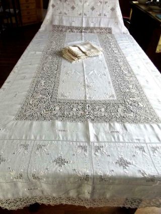 Antique Italian Linen 102 " L Banquet Tablecloth Figural Punto In Aria Lace 12 Npk