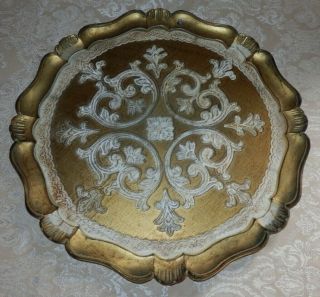 Antique Vintage Italy 15 1/2 " Round Gold Florentine Tray Golden Crown E&r
