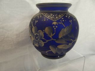 Antique Blue Bohemian Glass Decorated Bowl Vase