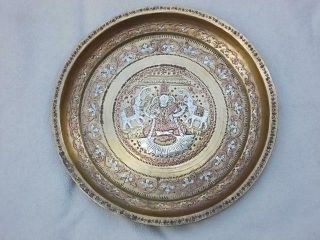 260/ Antique Hand Made Indian Brass Copper Silver Tray Vishnu & Elephant Design