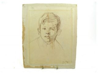 Antique Pen & Ink Sketch Drawing Portrait Of A Young Boy Indistinctly Signed