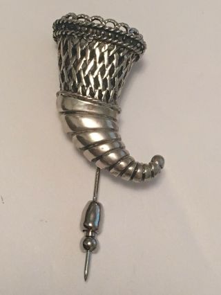 Vintage Antique Sterling Silver Cornucopia Horn Of Plenty Nosegay Pin Brooch