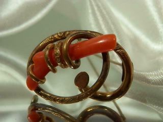 Great Antique Vintage 1800 ' s Gold Filled Red Coral Love Knot Brooch 60M9 2