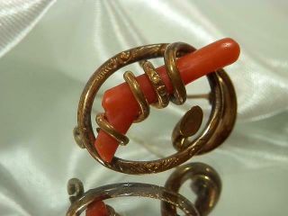 Great Antique Vintage 1800 ' s Gold Filled Red Coral Love Knot Brooch 60M9 4