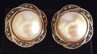 Sterling Silver Marcasite & Imitation Pearl Vintage Art Deco Antique Earrings