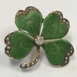 Stunning Antique 14k Gold Green Enameled Diamond Seed Pearls 4 Leaf Clover Pin