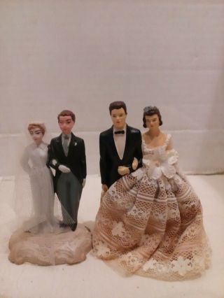 Vintage Wedding Cake Topper Bride & Groom W/ Flower Lace Dress
