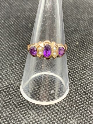Antique Victorian Art Nouveau 9ct Gold Ring With Seed Pearls & Amethysts Chester