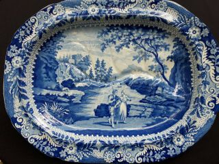 Very Large Blue Staffordshiretransferware Platter 19th Century