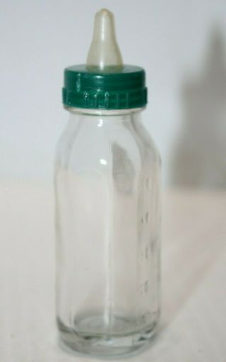 Vintage Thick Glass Baby Doll Bottle Rubber Nipple,  Marked On Bottom