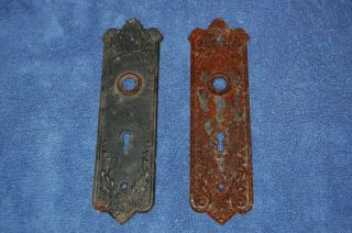 Two Metal Door Knob Back Plate Escutcheon Key Hole Vintage 81/2” X 2 1/4”