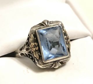 Antique Art Deco Sterling Silver Blue Paste Filigree Ring Size 7.  5