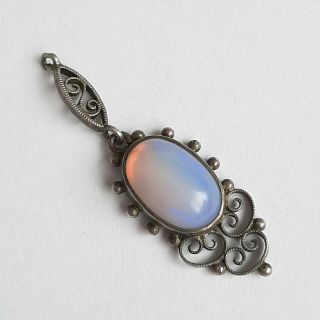 Antique Edwardian Solid Silver Opal? Gemstone Filigree Pendant Vintage Jewellery