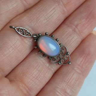 Antique Edwardian solid silver opal? Gemstone filigree pendant vintage jewellery 2