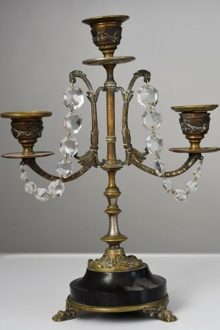 ⭐ Antique French Chandelier,  Candle Holder,  Bronze W Glass Pendants,  19 Th C