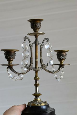 ⭐ antique French chandelier,  candle holder,  bronze w glass pendants,  19 th C 2