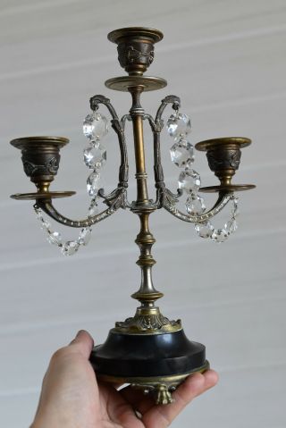 ⭐ antique French chandelier,  candle holder,  bronze w glass pendants,  19 th C 5