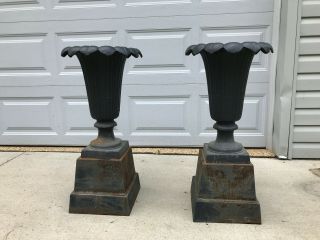 Pair Large Antique Victorian Cast Iron Urn Planters With Bases Ornate Metal