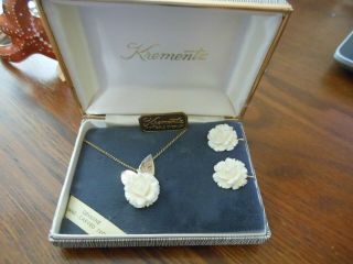Stunning Vintage Kermentz Hand Carved Roses Necklace & Earrings 14k Overlay