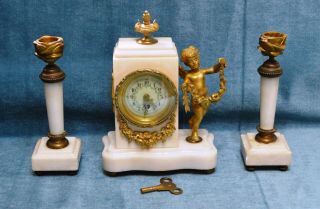 Antique Victorian French Miniature Marble & Gilt Brass Mantle Clock & Garnitures