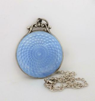 Antique Art Deco Silver Blue Guilloche Enamel Mirror Pendant Chain Hm Birm 1926