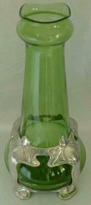 Exceptional Van Houten And Lötz Wwe Art Nouveau Pewter & Green Glass Vase