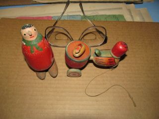 Antique Wooden Toy Walker & Vintage Wooden Pull Toy,  Bird In Cart Turns.
