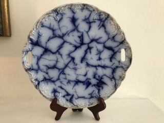 Antique 10 1/2” Serving Flow Blue Dish Handles Cracked Ice Pattern I.  P.  Co.