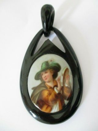 Large Antique Victorian Whitby Jet Pendant With Hand Painted Porcelain Medalion