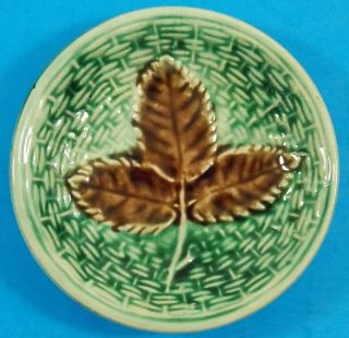 Sweet Antique Majolica Butter Pat 3 Berry Leaves Over Basket Weave 1 - A