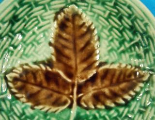 Sweet Antique Majolica Butter Pat 3 Berry Leaves Over Basket Weave 1 - A 2