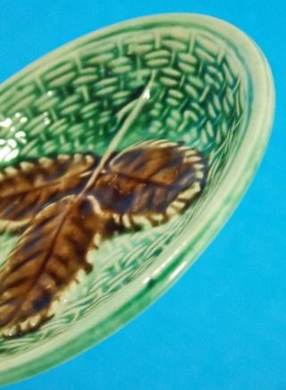 Sweet Antique Majolica Butter Pat 3 Berry Leaves Over Basket Weave 1 - A 5