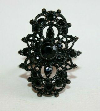 Antique Victorian Large French Jet And Black Enamel Filigree Ring