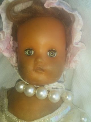 Vintage Horsman 16 " Doll Soft Body & Head Pearl Necklace Dress Bonnet Dark Skin