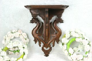 Antique French Wood Carved Castle Gothic Dragon Wall Shelf Console