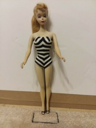 Vintage 1960 Mattel 3 Barbie Doll 850 Tm Blonde Curly Bangs Swimsuit & Stand