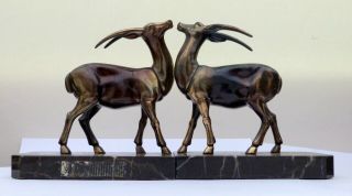 Lovely French Art Deco Bronze Spelter Antelope Book Ends On Marble.